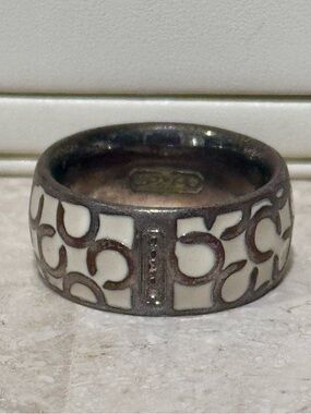 Silver-Tone Ring with White Enamel Signature Pattern